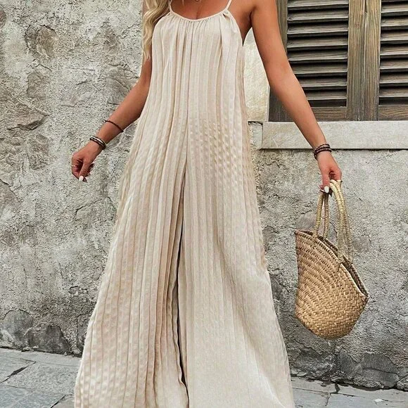 Apricot Casual Women's Solid Color Spaghetti Strap Jumpsuit - Picture 7 of 7